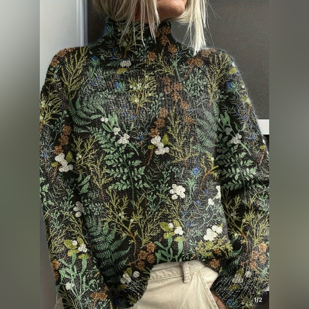 SHEIN Floral Botanical Art Print Knitted Turtleneck Pullover Sweater Top